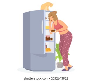 Woman eats cake from fridge. Eating junk food and pastries. Wrong way of life concept. Uncontrolled food cravings problem. Unhealthy eating habits. Girl eats bakery products at home, overeating