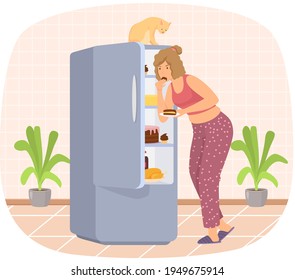 Woman eats cake from refrigerator. Female character is stealing pie on sly. Unhealthy eating habit