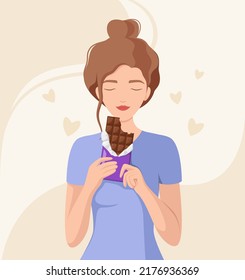 A woman eats a chocolate bar. Cartoon design.
