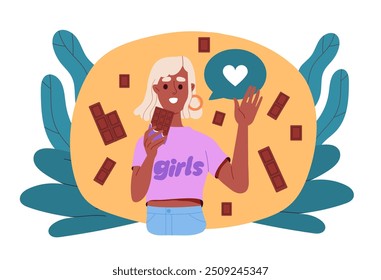 Mujer come concepto de chocolate. Chica joven con barra de postre de cacao y delicadeza. Carácter con productos dulces. Comer dulces poco saludables. Ilustración vectorial plana aislada sobre fondo blanco