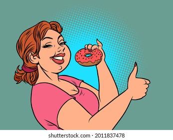 a woman eats a donut. Delicious confectionery food. Like gesture