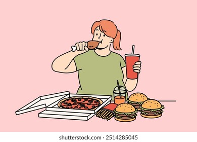 Woman eats fast food and drinks soda, becoming addicted to harmful calories. Uncontrolled consumption of fast food causes obesity in girl who needs diet and willpower to lose weight