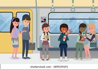 A Woman Eats A Fast Food On Public Trains. Both The Signs That Do Not Eat Near The Seat. Many People Not Happy To Travel. Why Others People Are Dissatisfied With Breaking Her Rules.