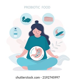 Woman eats foods containing large amount of probiotics. Dairy products, fruits help stomach work. Happy girl with well-functioning intestines. Consuming beneficial microorganisms. Vector illustration