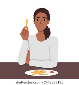 La mujer come papas fritas sin pensar en los riesgos para la salud. Ilustración vectorial plana aislada sobre fondo blanco