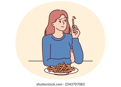 A mulher come batatas fritas sem pensar nos riscos à saúde dos fast-food e dos lanches fritos. Menina está almoçando no café sentado à mesa com batatas fritas e precisa de consulta com nutricionista