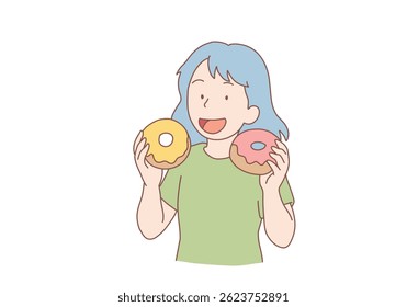 Woman eats high-calorie buns covered with sugar icing enjoying donuts from fast food restaurants. Hand drawn style vector design illustrations. 