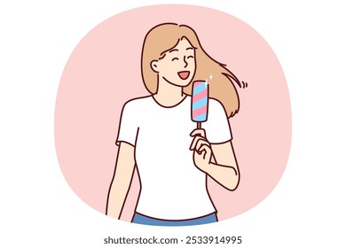 Woman eats ice cream to cool off in hot summer weather and enjoy cold sweet dessert. Young girl in casual clothes holds ice cream and smiles enjoying treat that relieves thirst and hunger.