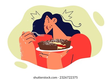 Woman eats large cake and stands with mouth full, greedily eating high-calorie dessert from pastry shop. Girl eats unhealthy sweet food in big quantities to get rid of psychological stress