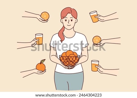 Woman eats oranges and drinks freshly squeezed citrus fruit juice to get health-improving vitamin C. Girl stands among hands with oranges and glasses with healthy drink that strengthens immune system.