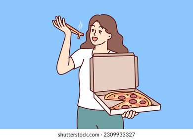 Woman eats pizza and holds box of appetizers from italian restaurant with home delivery. Girl with big pizza bought takeaway lunch in cafe and bites hot slice of thin pepperoni and cheese pie