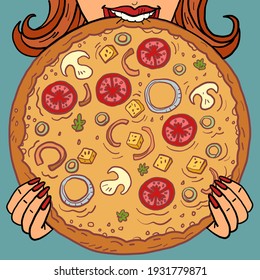 a woman eats. pizza mushrooms tomatoes. restaurant food delivery. Comic book cartoon pop art hand drawing illustration