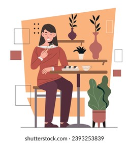 Woman eats rolls. Young girl sit and eat traditional japanese food. Person in asian cafe or restaurant, catering. Sushi with rice and fish. seafood. Cartoon flat vector illustration