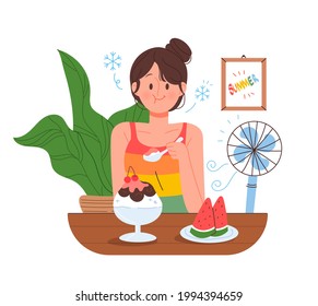 A woman eats shaved ice and watermelon in a cool house. Summer at home concept vector illustration.