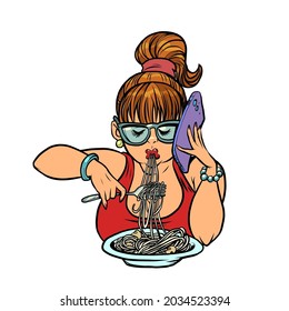 a woman eats spaghetti and talks on the phone, dinner or lunch in an Italian restaurant