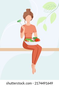 A woman eats a vegetable salad. Healthy food. Cartoon design
