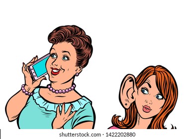 woman eavesdropping on telephone communication. Comic cartoon pop art retro illustration drawing