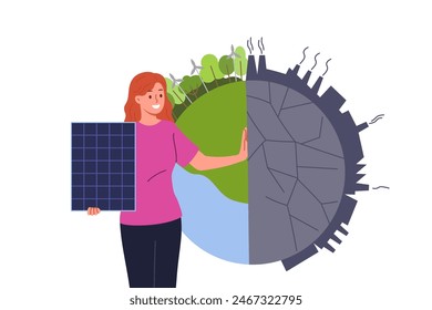 Woman ECO activist with solar battery stands near planet earth, calling for development of alternative energy. Girl bought solar battery that allows to get electricity without carbon footprint.