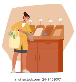 Woman With An Eco Bag Carefully Selects Sustainable Products In The Market Store. Female Character Emphasizing Environmental Consciousness In Her Shopping Choices. Cartoon People Vector Illustration