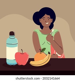 woman with eco bag fruits and reuse bottle