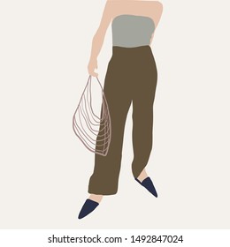 Woman with eco bag. Hand drawn fashion human silhouette dressed in trendy clothes.