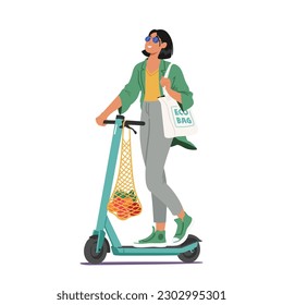 Woman With Eco Bag on Shoulder Using Eco-friendly Transport. Female Character Reducing Carbon Footprint And Promoting Sustainable Living Isolated White Background. Cartoon People Vector Illustration svg