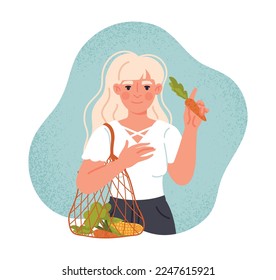 Woman with eco bag. Young girl with natural and organic products. Caring for nature and environment, buyer in store. Zero waste lifestyle and responsible society. Cartoon flat vector illustration