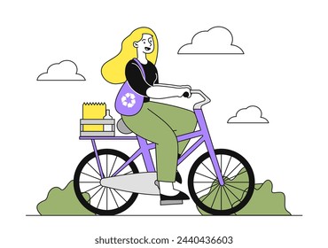 Woman at eco bicycle linear. Young girl with recycling and reuse. Ecological transport and bag. Care about nature and environment. Activist and volunteer. Doodle flat vector illustration