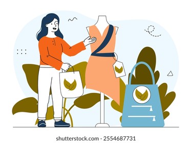 Woman with eco clothes. Young girl near mannequin with dress. Zero waste and sustainable lifestyle. Fashion, trend and style. Linear vector illustration isolated on white background