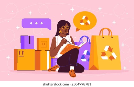 Mujer con vida ecológica. La niña compra ropa hecha de materiales ecológicos. Reciclaje y reutilización, cero residuos. Consumismo responsable. Ilustración vectorial plana