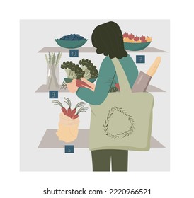 Woman in eco shop. No plastic. Vector flat illustration