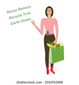 Woman with Eco-fabric cotton bag with a set of goods. Eco-friendly tote bag. Reusable shopping bag. Say no to plastic. Vector illustration.