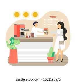 Woman, ecologist buying coffee in her own reusable cup in eco friendly coffee shop, flat vector illustration. Eco friendly cafe, zero waste, save environment, ecology concept.