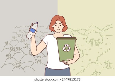 Woman ecologist calls for separate collection garbage and recycling of plastic bottles, holds bucket in hand. Girl ecologist dreams of closing garbage dump and restoring parks with beautiful nature.