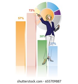Woman economist.
Business woman in formal suit works with statistical data and economic report on a tablet computer. Vector illustration, EPS-10.