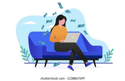 Woman economy - Casual woman making money online on laptop computer. Flat design vector illustration with white background