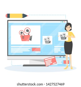 Woman edit profile in social network. Web page design on mobile screen. Brunette girl. Vector illustration in cartoon style