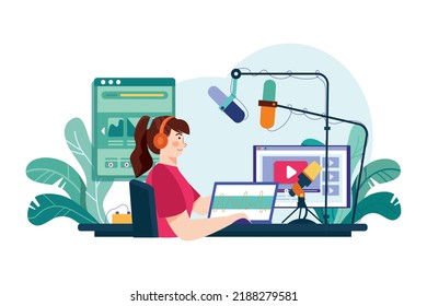 Woman editing podcast at the studio Illustration concept. Flat illustration isolated on white background