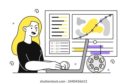 Woman editor linear. Talented copywriter with laptop. OInline earnings. Author create interesting content and articles for website. Doodle flat vector illustration isolated on white background