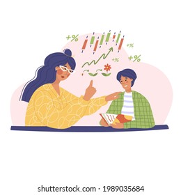 Woman is educating boy financial literacy. Investments, trading, market quotes, currency, exchange, growth, value, interest rate, schedule, scale, saving money. Vector illustration. 