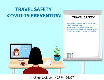 Woman is educating in Travel Safety Prevetion of Covid-19 by a woman communicating with her from a PC monitor. Description of Travel Safety is written on the flipchart standing next to her.