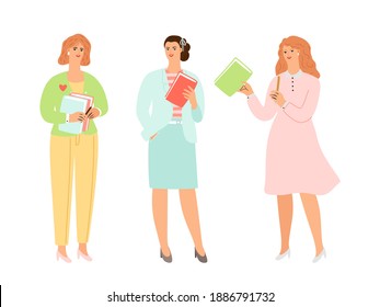 Woman education. Female characters holding books. Lady in elegant suits learning or teaching vector set
