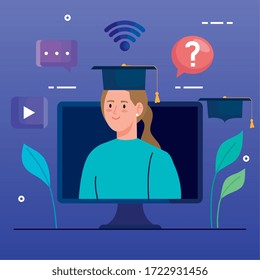woman in education online by computer vector illustration design