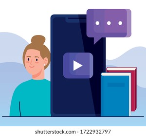 woman in education online by smartphone vector illustration design
