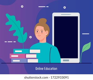 woman in education online by smartphone vector illustration design