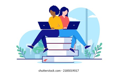 Woman education - Two female characters sitting on books working on laptops studying together. School and education concept, flat design vector illustration with white background