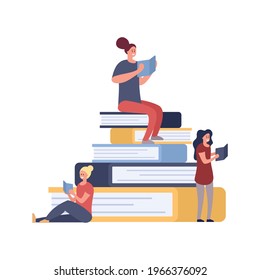 Woman education. Women learning science books and encyclopedia, female reading and receive knowledge. Beautiful girls study, develop thinking illustration