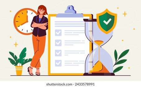 Woman with efficiency. Young girl near tasks in notepad and clocks. Time management, scheduling and planning. Organizing efficient work process, motivation. Cartoon flat vector illustraton