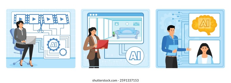 A woman efficiently edits videos on a laptop.  Design a digital interior space with a modern sofa and decor elements. Artificial intelligence integration and human collaboration.