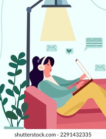 A woman efficiently working in her home office setting, sitting at her workspace, and actively communicating with colleagues through her computer screen. Embracing the remote work lifestyle. Vector.